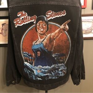 The Rolling Stones Up-Cycled Distressed Black Denim Jacket Unisex Large/XL